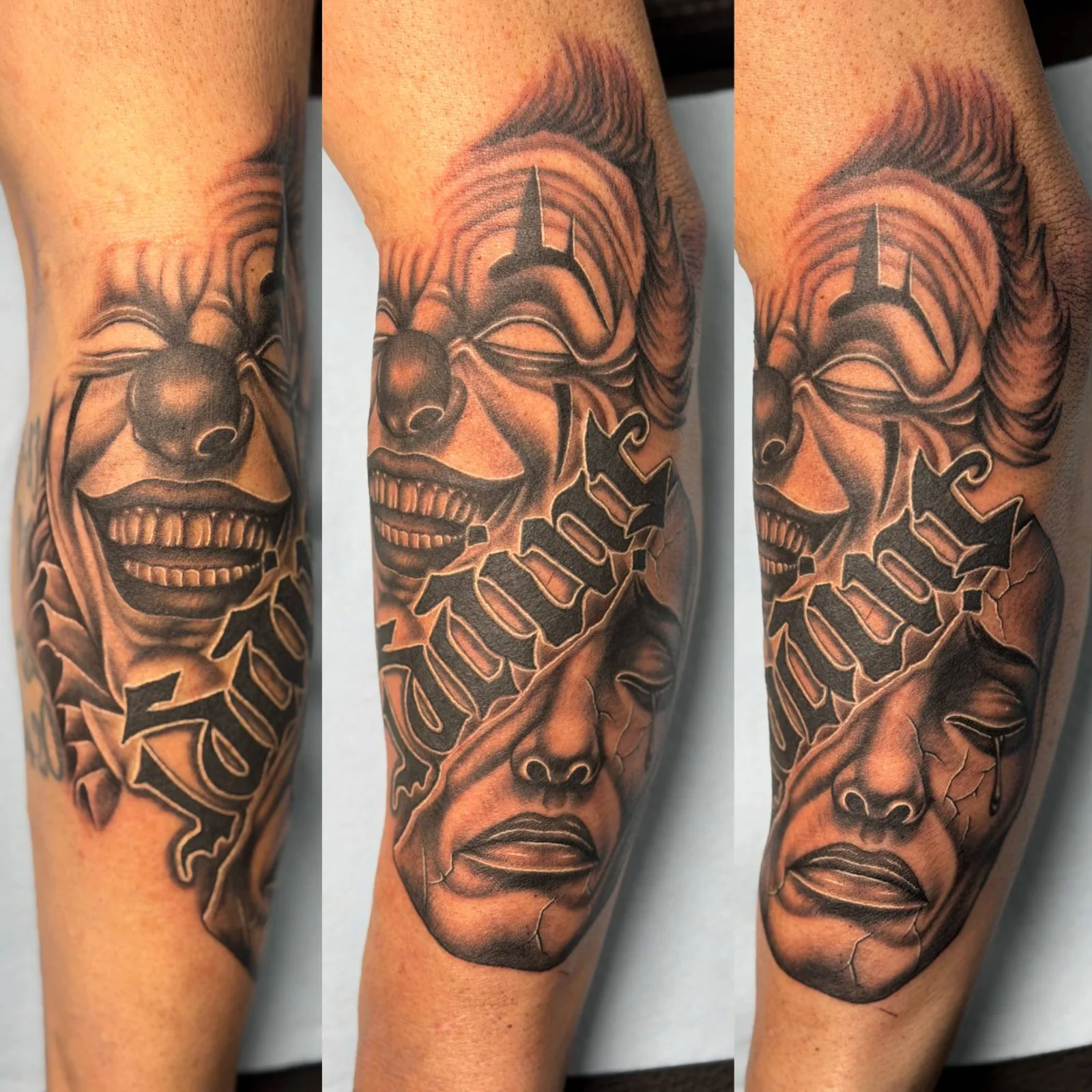 Black and grey forearm tattoo of a laughing clown and a tearful cracked mask split by blackletter script, shown from three angles, by Adam Harper