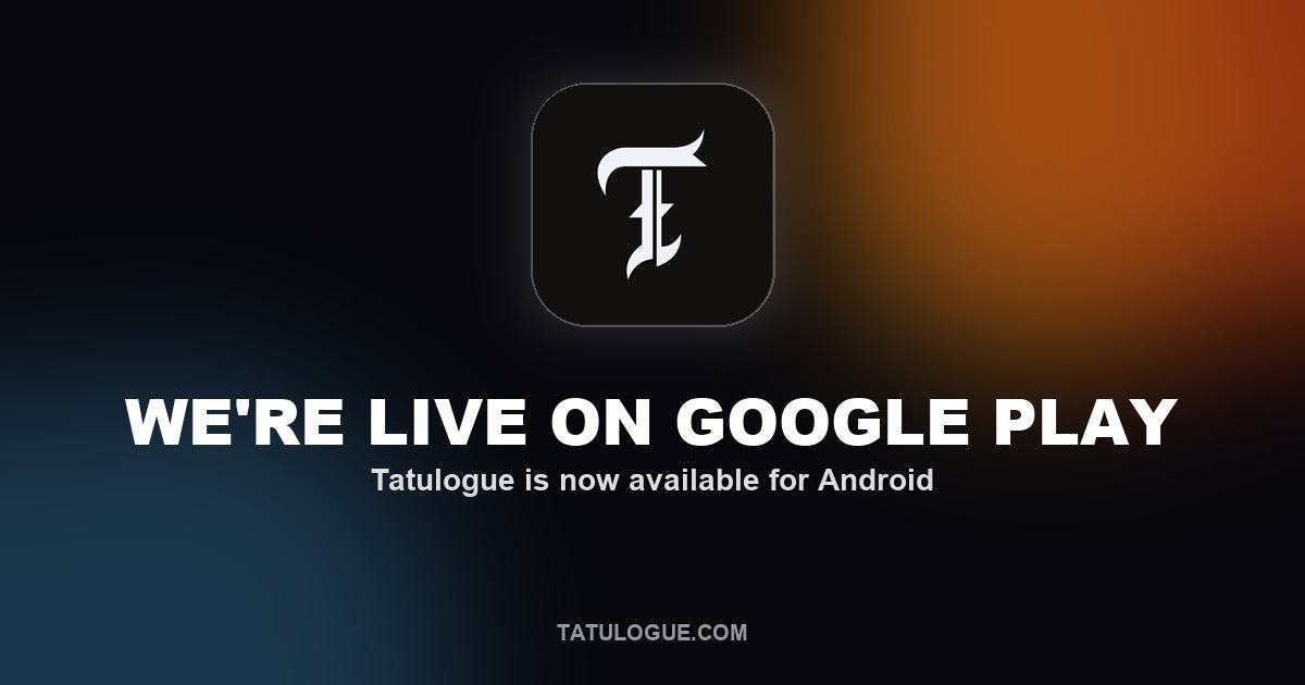 Tatulogue app icon on a dark gradient background with the text 'We're live on Google Play'