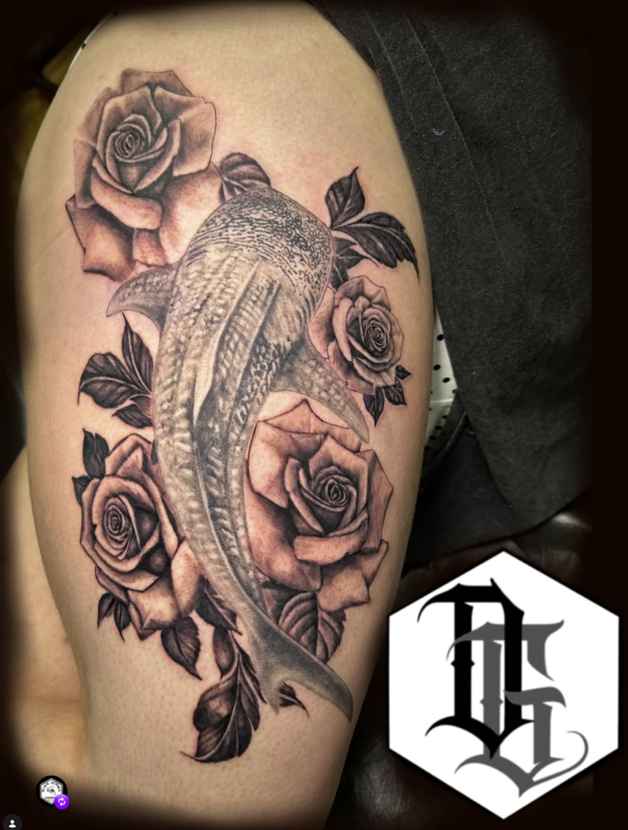 Black & grey koi fish with roses by Daniel Greene